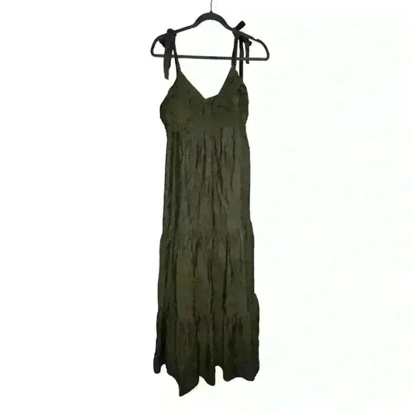 Olive green tiered maxi dress with tie straps size medium - Picture 1 of 5